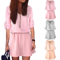 Fashion Solid Color Long Sleeve Zipper V-neck Dress