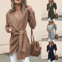 Fashion Solid Color Long Sleeve Lace-up Cardigan