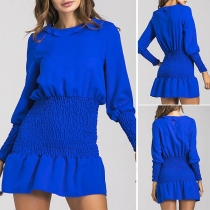 Fashion Solid Color Long Sleeve Round Neck High Waist Dress