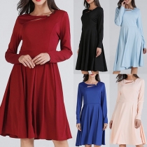Fashion Solid Color Long Sleeve Round Neck High Waist Dress