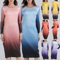 Fashion Color Gradient Long Sleeve Round Neck Slim Fit Dress
