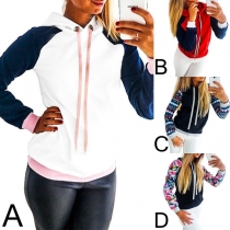 Fashion Contrast Color Drawstring Long Sleeve Hooded Sweatshirt