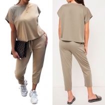 Fashion Solid Color Round-neck Short Sleeve Shirt + Cropped Trousers Two-piece Set