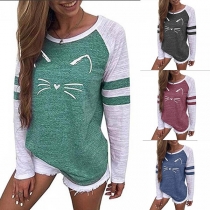 Fashion Round-neck Contrast Color Long Sleeve Kitten Printed Shirt
