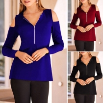 Fashion Solid Color V-neck Long Sleeve Hollow Out Slim Fit Shirt