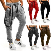 Fashion Solid Color Elastic Waist Multi Pockets Slim Fit Casual Pants
