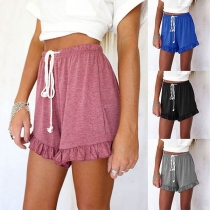 Fashion Solid Color Elastic Waist Ruffle Hem Casual Shorts