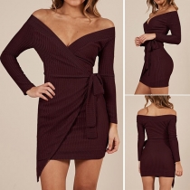 Sexy V-neck Long Sleeve Solid Color Slim Fit Lace-up Dress
