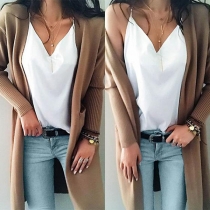 Fashion Open-Front Long Sleeve Ribbed Trim Longline Knit Cardigan