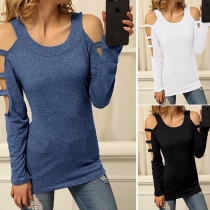Sexy Round-neck Solid Color Hollow Out Long Sleeve Slim Fit Shirt