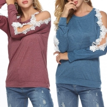 Fashion Round-neck Long Hollow Out Sleeve Embroidered Hem Slim Fit Shirt 