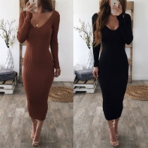 Fashion Solid Color Long Sleeve V-neck Slim Fit Knit Dress