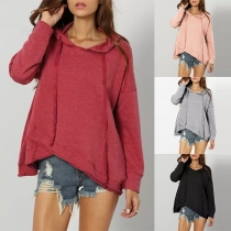 Fashion Solid Color Long Sleeve Drawstring Oblique Hem Sweatshirt