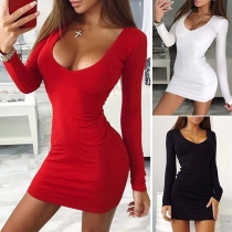Sexy Solid Color Decolletage Long Sleeve Slim Fit Over-hip Dress