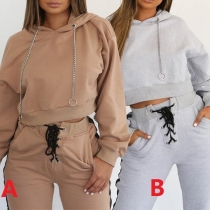 Fashion Solid Color Alloy Pendant Hooded Sweatshirt + Lace-up Pants Two-piece Set 
