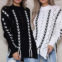 Fashion Round Neck Lace-up Hollow Out Loose Knit Sweater