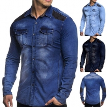 Fashion Long Sleeve POLO Collar Men's Denim Shirt 
