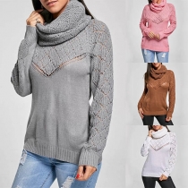 Fashion Solid Color Long Sleeve Cowl Neck Hollow Out Knit Top