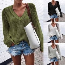 Fashion Solid Color V-neck Long Sleeve Knit Sweater