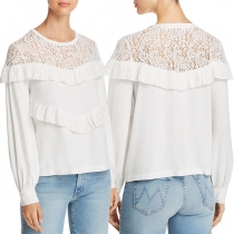 Fashion Lantern Sleeve Round Neck Lace Spliced Ruffle Top 