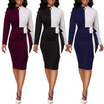 OL Style Long Sleeve Slim Fit Contrast Color Pencil Dress