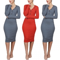 Elegant Solid Color Long Sleeve V-neck Slim Fit Dress