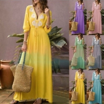 Fashion V-neck Self-tie Floral Print Long Sleeve Dress