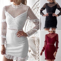 Sexy Long Sleeve Mock Neck Ruffle Hem Hollow Out Lace Dress