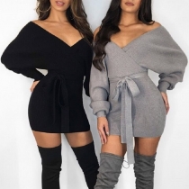 Sexy Backless V-neck Dolman Sleeve Solid Color Dress