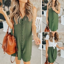 Fashion Solid Color Sleeveless V-neck Single-breasted Dress