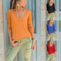 Fashion Long Sleeve Printed Spliced V-neck T-shirt 