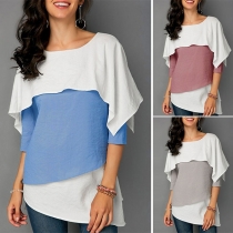 Fashion Contrast Color Half Sleeve Round Neck Ruffle Top
