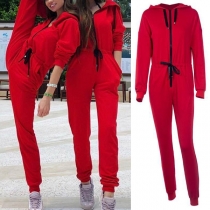 Fashion Solid Color Long Sleeve Hooded Sports Jumpsuit