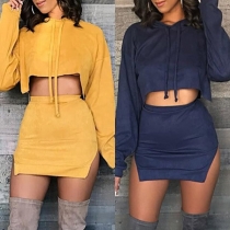Sexy Solid Color Long Sleeve Hooded Crop Top + Slit Hem Skirt Two-piece Set