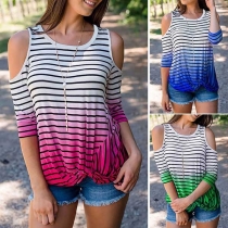 Sexy Off-shoulder Half Sleeve Contrast Color Striped T-shirt