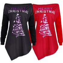 Fashion Letters Printed Long Sleeve Boat Neck Irregular Hem T-shirt