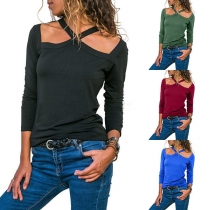 Sexy Off-shoulder Long Sleeve Crossover Halter T-shirt 