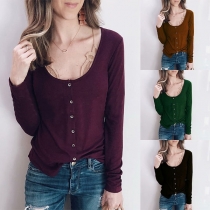 Fashion Solid Color Long Sleeve Round Neck Front-buttons T-shirt