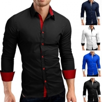 Fashion Contrast Color Long Sleeve POLO Collar Men's Shirt 