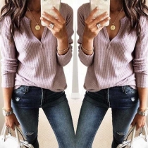 Fashion Solid Color Long Sleeve V-neck Loose Knit Top 
