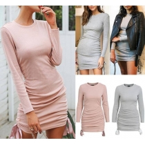 Fashion Solid Color Long Sleeve Lace-up Hem Slim Fit Knit Dress
