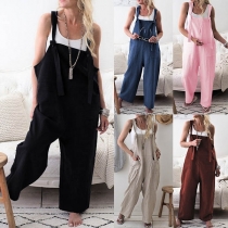 Fashion Solid Color Front-pockets Loose Overalls