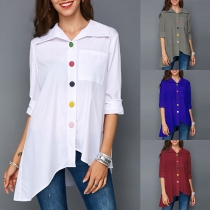 Fashion Long Sleeve POLO Collar Asymmetric Hem Colorful Buttons Shirt
