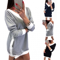 Fashion Contrast Color Deep V-neck Long Sleeve Side Pockets Dress