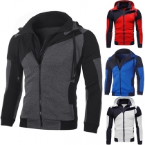 Fashion Contrast Color Long Sleeve Zipper Slim Fit Printed Men's Hooded Sweatshirt