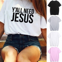  Fashion Letters Printed Short Sleeve Round Neck T-shirt 