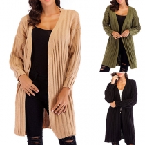  Retro Style Long Sleeve Solid Color Loose Knit Cardigan 