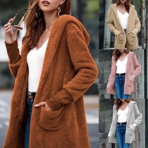  Fashion Solid Color Long Sleeve Hooded Plush Coat 