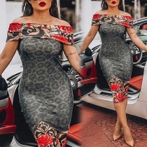 Sexy Off-shoulder Boat Neck Slim Fit Printed Dress