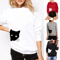 Cute Cat Printed Long Sleeve Round Neck Loose Sweatshirt 